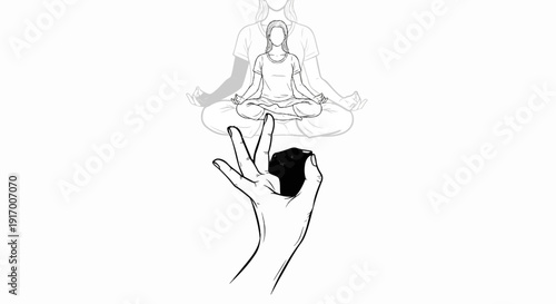 A meditative figure in lotus pose, with a hand holding a dark stone
