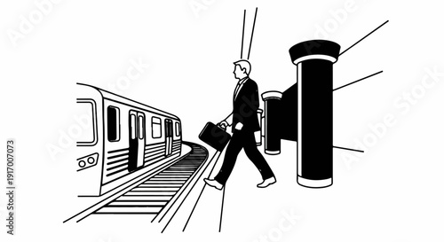 A businessman with a briefcase walks near a train on a platform