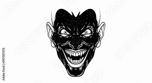 A menacing black and white illustration of a wide-grinning, sharp-toothed face with bulging eyes