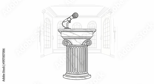 A microphone rests on a marble pedestal in a room with tall arched windows