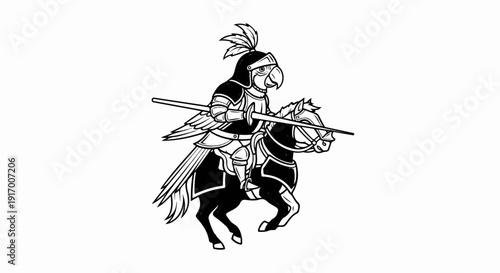 A cartoon bird-knight on horseback with a lance