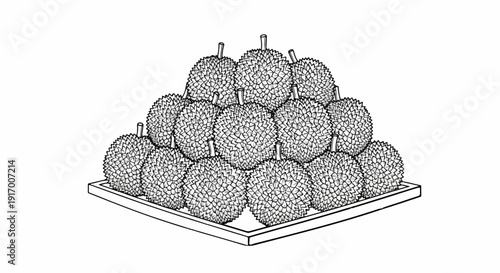 A pyramid display of spiky, textured fruits in a shallow, rectangular container