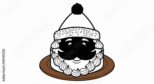 A cartoon cake styled as a Santa Claus face with black frosting