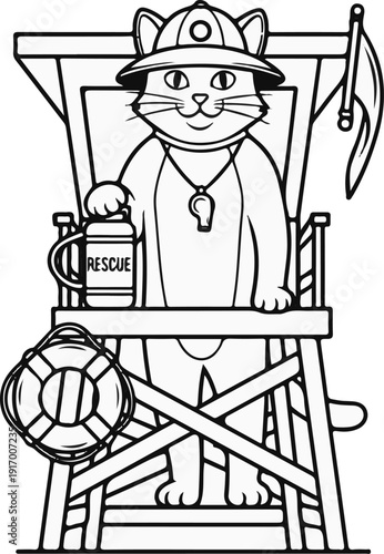 A cartoon cat lifeguard in a hat and whistle stands on a watchtower