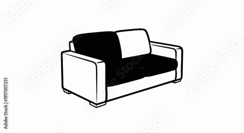 A minimalist drawing of a modern two-seater sofa with black and white upholstery
