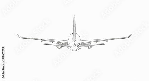 A detailed rear view sketch of a modern commercial jet airplane with wings