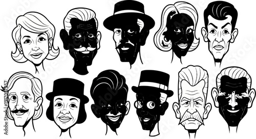 A collection of diverse cartoon faces with varying expressions and styles