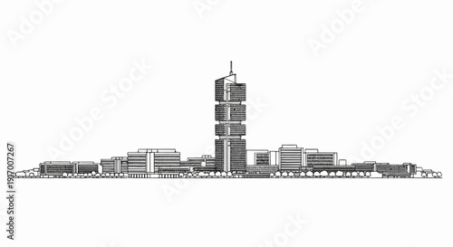A detailed pen-and-ink sketch of a modern cityscape featuring a central tower