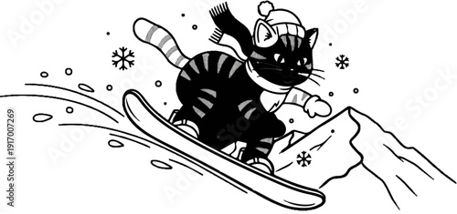 A cartoon cat in winter gear snowboarding down a snowy mountain slope