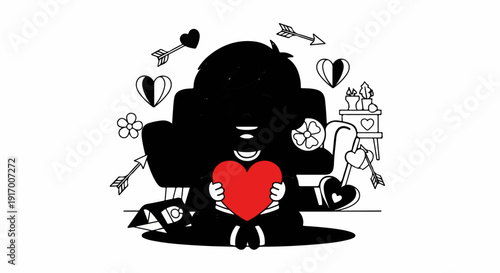A cartoon character sits in a chair, holding a red heart, surrounded by hearts, arrows, and flowers