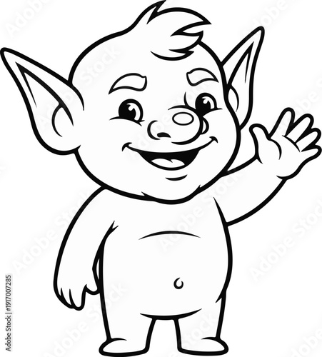 A cartoon creature with large ears, a rounded body, and a cheerful waving hand