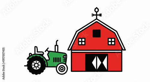 A cartoon red barn and green tractor against a white background