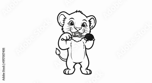 A cartoon lion cub brushes its teeth with a small ball