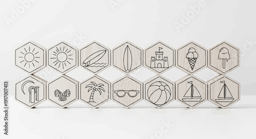 A collection of hexagonal wooden tiles with simple line drawings of summer vacation themes