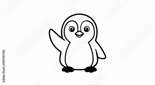 A cartoon penguin with a friendly face and outstretched wing
