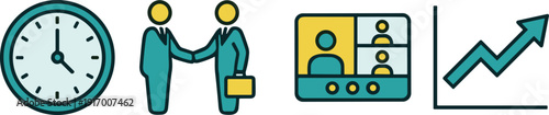 Business icons, time management, handshake partnership, video conference, growth chart, productivity, teamwork, remote meeting, strategy
