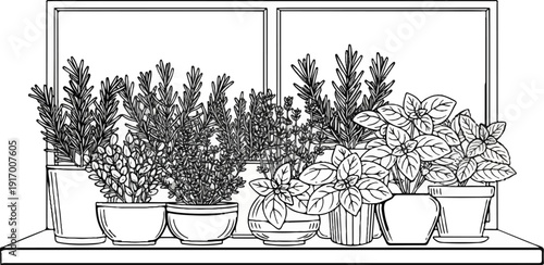 A collection of potted herbs and plants on a windowsill, depicted in a sketch style