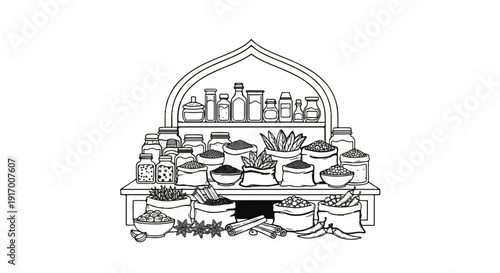 A collection of spices in jars, sacks, and bowls under an arched shelf