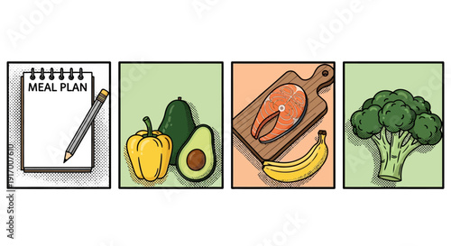 Meal planning concept with healthy foods in pop art style panels