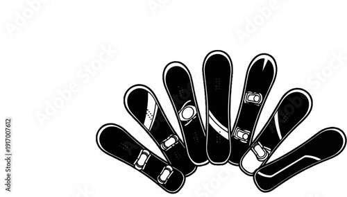 A diverse collection of stylized snowboards are fanned out against a white background
