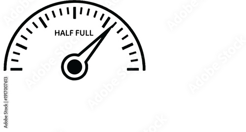 A dial gauge with a needle indicating "half full" on a white background