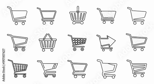 A collection of stylized icons depicting shopping carts and baskets