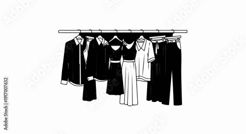 A collection of stylish black and white garments hangs on a rack