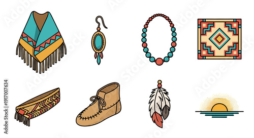 Native american style accessories collection featuring poncho, jewelry, and traditional patterns