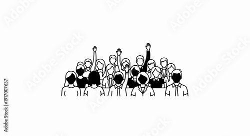 A diverse group of people in a meeting, many raising their hands to speak