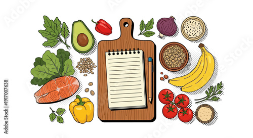 Healthy cooking ingredients with wooden board and blank notepad for meal planning