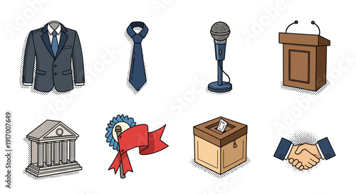 Business and politics icons: suit, microphone, podium, and more in halftone style