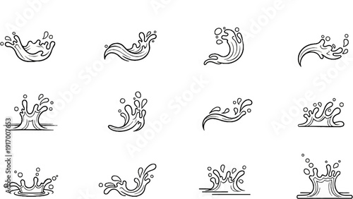 A collection of twelve different line-drawn water splash icons