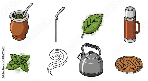 Colorful herbal tea drinking essentials: yerba mate and accessories in vintage style