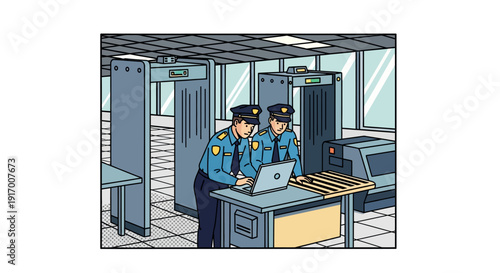 Cartoon security checkpoint with police officers monitoring x-ray scanners in airport