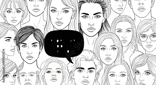 A diverse group of people depicted in a line drawing, with a speech bubble