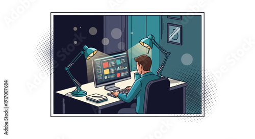 Person working at night with dual lamps in modern home office