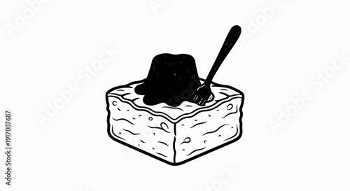 A doodle of a square cake topped with black frosting and a fork