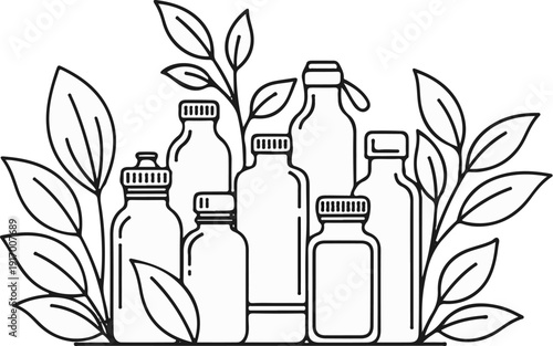 A collection of various shaped bottles with leaves