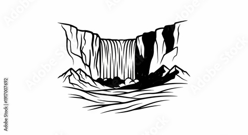A dramatic black and white illustration of a powerful waterfall cascading over cliffs