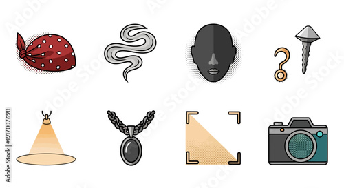 Retro pop art icons: camera, jewelry, tools, and portrait