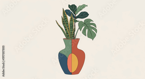 A colorful vase holding three assorted houseplants against a light background