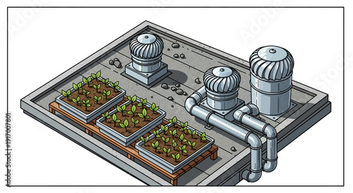 Isometric urban rooftop garden with industrial ventilation system