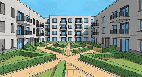 Modern apartment complex with geometric green courtyard and blue skies