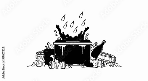 A hazardous battery leaks black fluid onto surrounding debris like cans and a tire