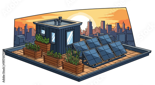 Rooftop garden with solar panels at sunset in a modern urban setting