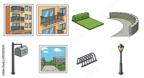 Urban architecture elements with apartment balconies and outdoor features in comic style