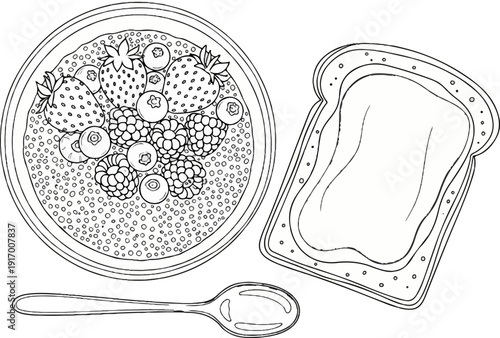 A healthy breakfast of porridge and toast with berries and a spoon
