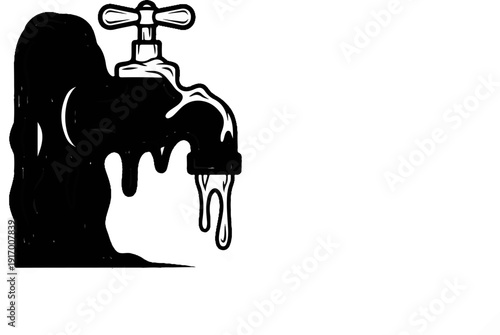 A dripping tap with black viscous liquid pooling at its base