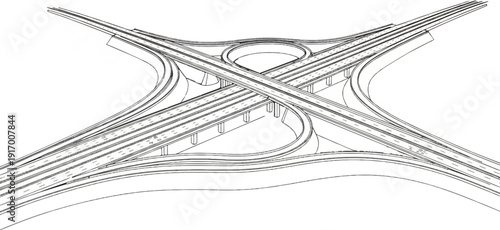 A complex, multi-level highway interchange with sweeping curves and elevated roadways