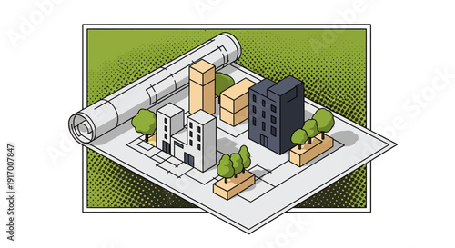 Isometric architectural blueprint with 3d buildings and trees on green background